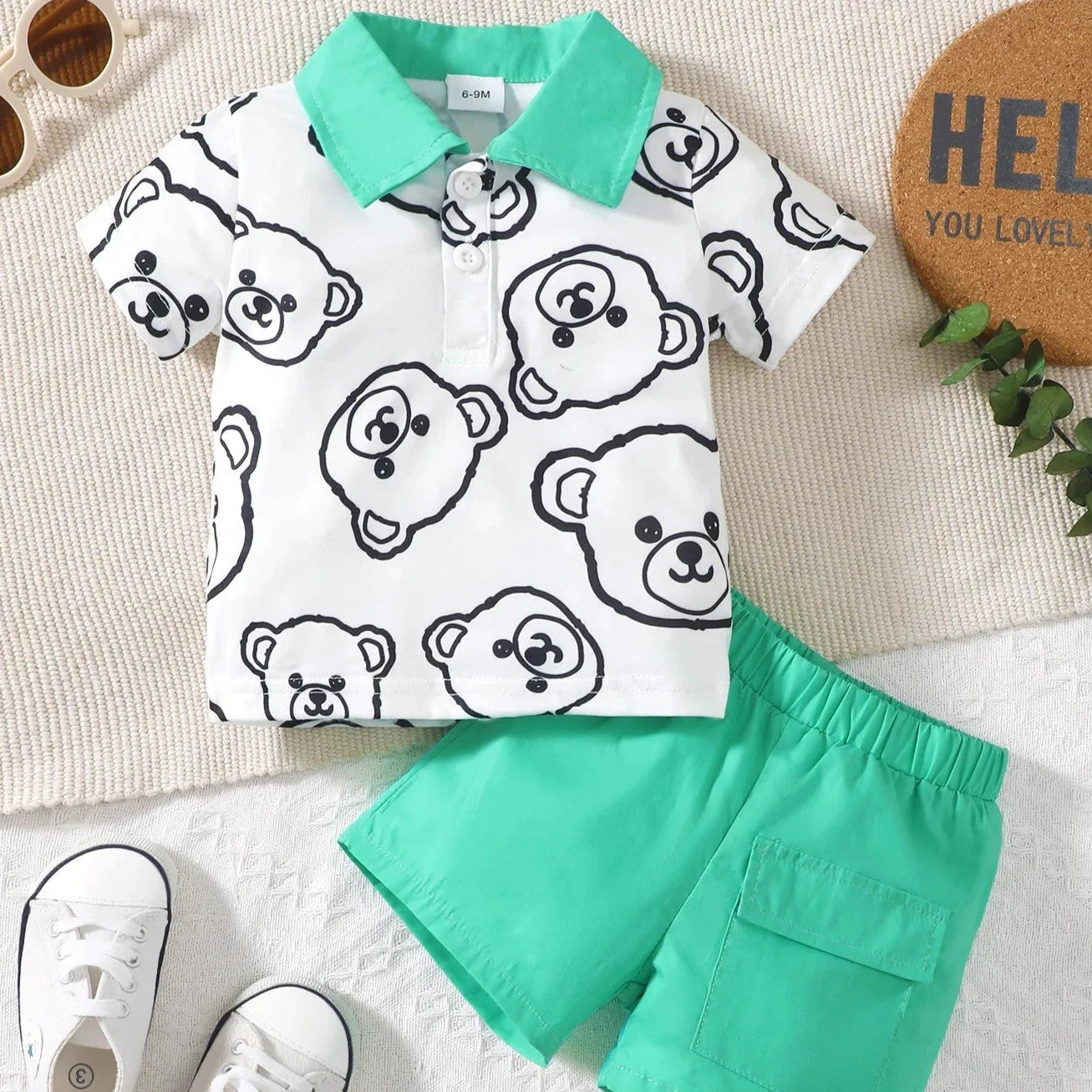 Baby Boys Summer Short Sleeve Bear Print Contrast Set - DOFIBA