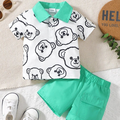 Baby Boys Summer Short Sleeve Bear Print Contrast Set - DOFIBA