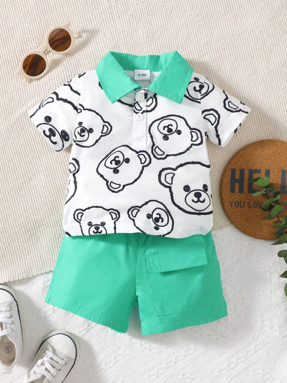 Baby Boys Summer Short Sleeve Bear Print Contrast Set - DOFIBA