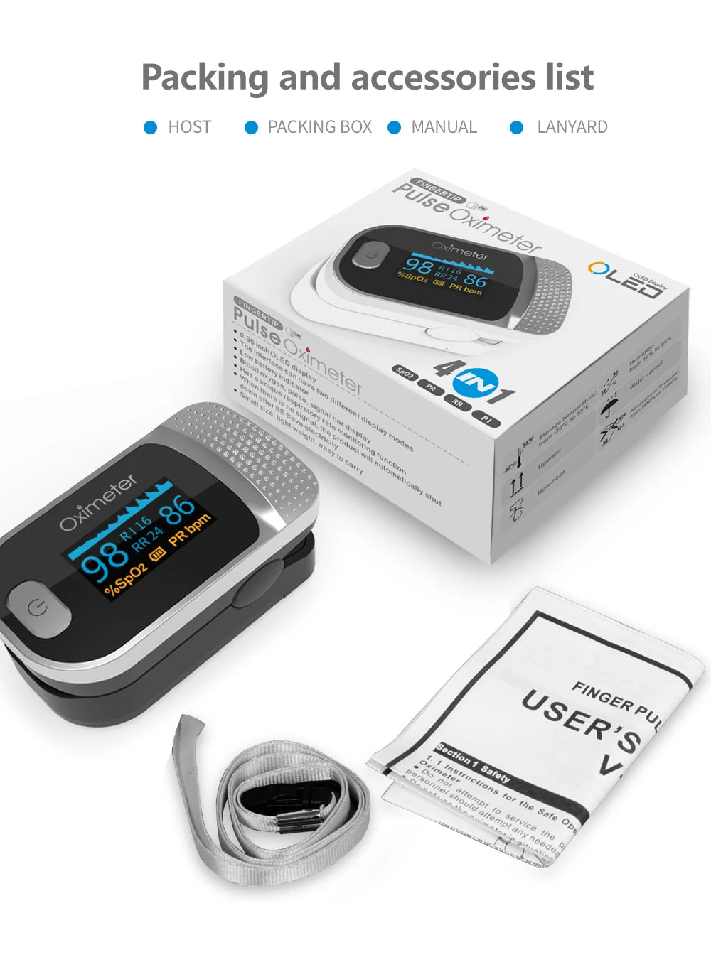 Finger Pulse Oximeter SPO2 PR PI RR Blood Oxygen Saturation Meter - DOFIBA