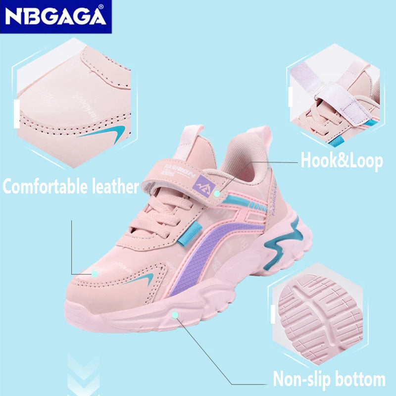 Kids Lightweight Running Pink Leather Shoes For 7-15y/o - DOFIBA