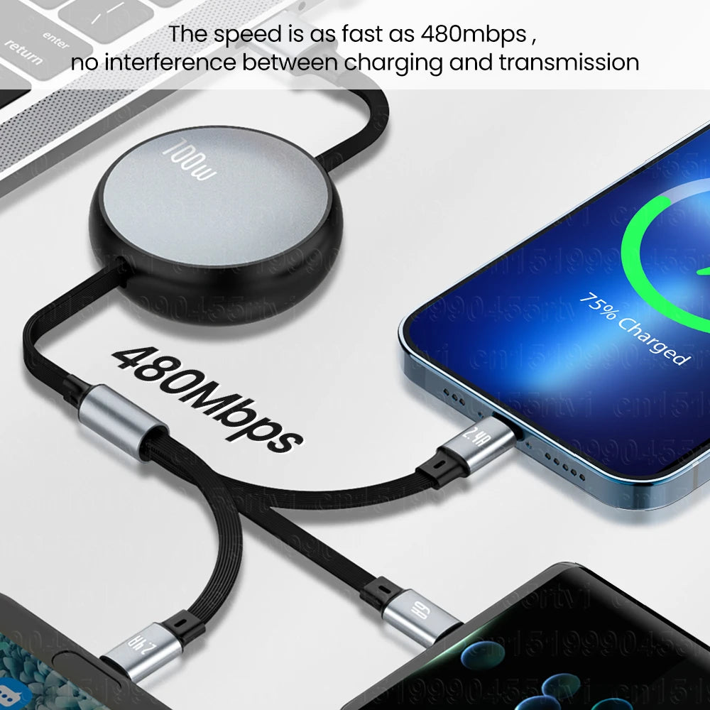 3in1 Retractable 6A 100W USB Cable for iPhone - DOFIBA