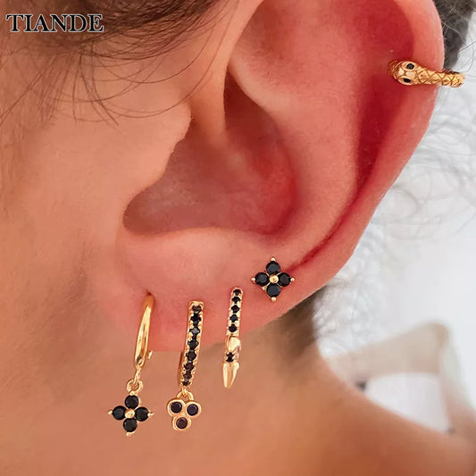 Black Zircon Earrings for Women Gold Plated - DOFIBA