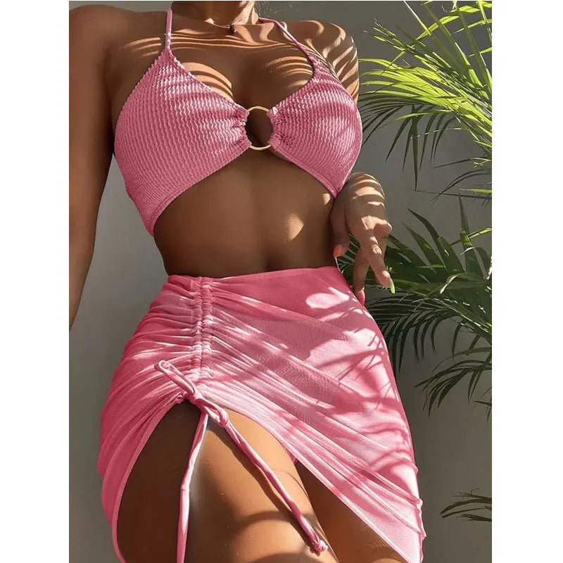 Women's Ribbed Bikini Mesh Swimsuit High Waist - DOFIBA