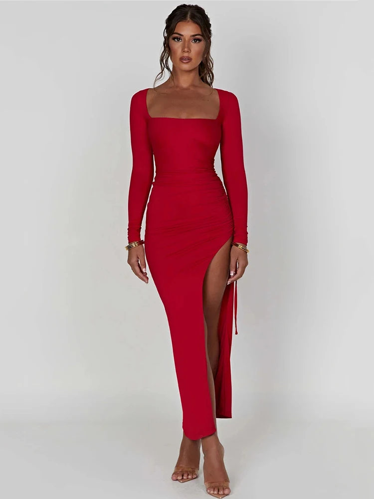 Long Sleeve High Split Maxi Dress - DOFIBA